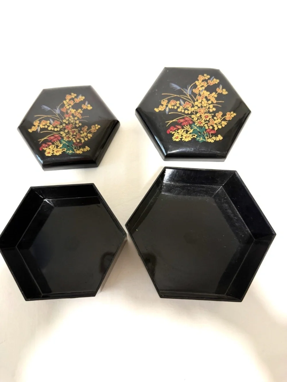 Pair Black Lacquer Nesting Trinket Jewelry Boxes